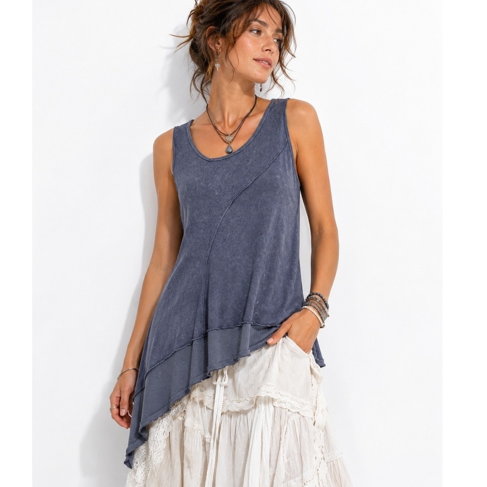 Chalet Asymmetrical Tunic Tank XS Blue Hemp Cotton Lagenlook Boho Chic Artisanal